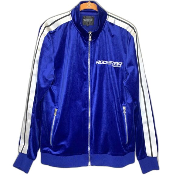 ROCKSTAR Original Mens Track Jacket Zip Front White Stripe Velvet Leisure Medium - Picture 1 of 12